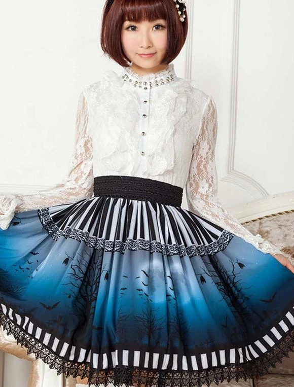 Lolitashow Sweet Lolita Skirt The Bat Under The Blue And White Moon Night SK Lolita Skirt - Image 5