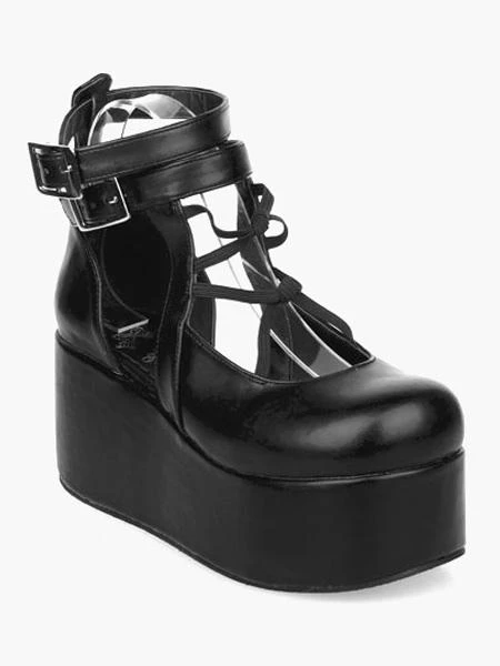 Lolitashow Black Lolita High Platform Shoes Ankle Straps PU Leather - Image 3