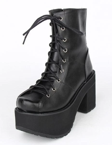 Lolitashow Black Lace Up PU Lolita Boots For Girls - Image 4