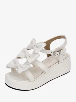 Sweet Lolita Shoes Open Toe Wedge Heel PU Bows Flat White Lolita Sandals