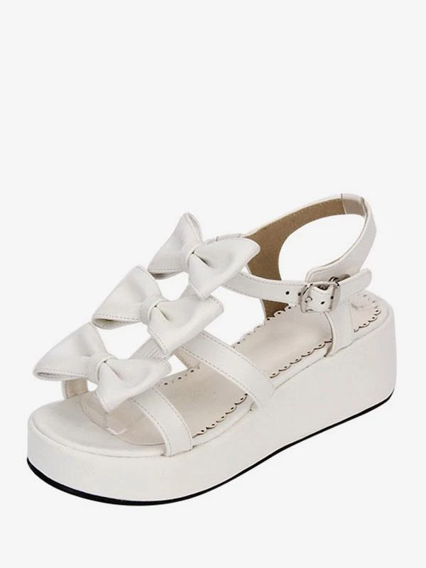 Sweet Lolita Shoes Open Toe Wedge Heel PU Bows Flat White Lolita Sandals