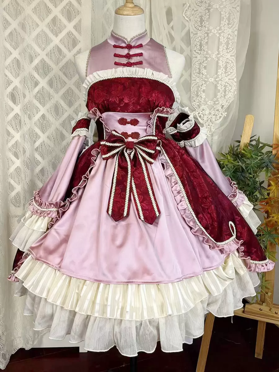Lolitashow Exclusive Chinese Style Lolita Dress Bows Sleeveless Chiffon Floral Print Burgundy Tea Party Dress - Image 6