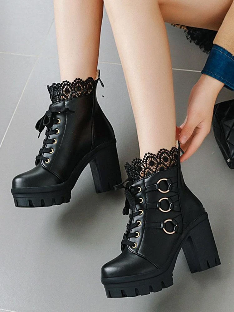 Sweet Lolita Boots Black Lace Round Toe PU Leather Chunky Heel Lolita Footwear - Image 6
