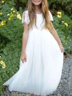 White Flower Girl Dresses Jewel Neck Lace Short Sleeves A-Line Lace Ankle Length Kids Party Dresses Free Customization