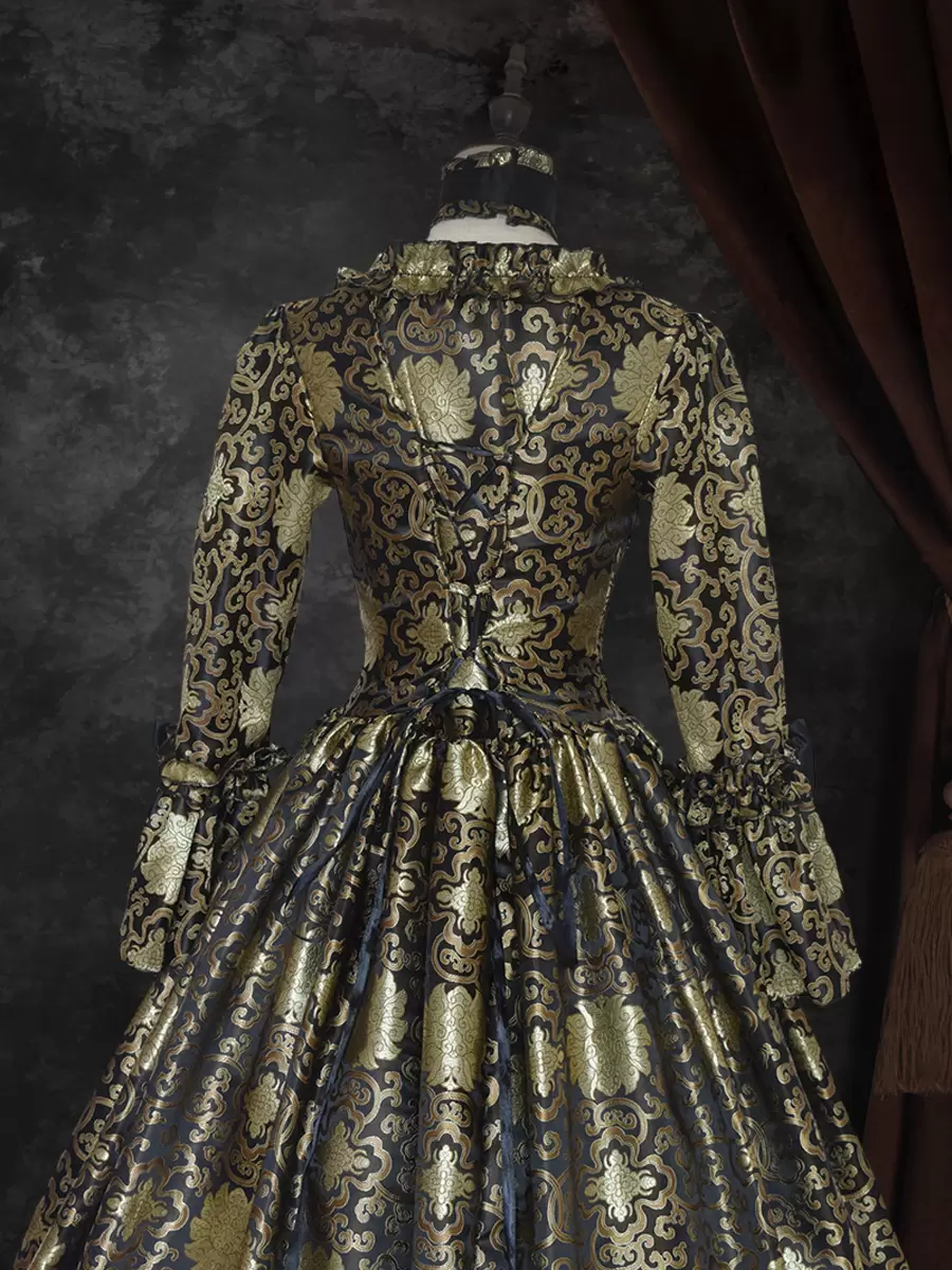 Black Gold Retro Costumes Lace Up Satin Fabric Marie Antoinette Costume Floral Print Dress Women's Gothic Set Party Prom Dress - Image 6
