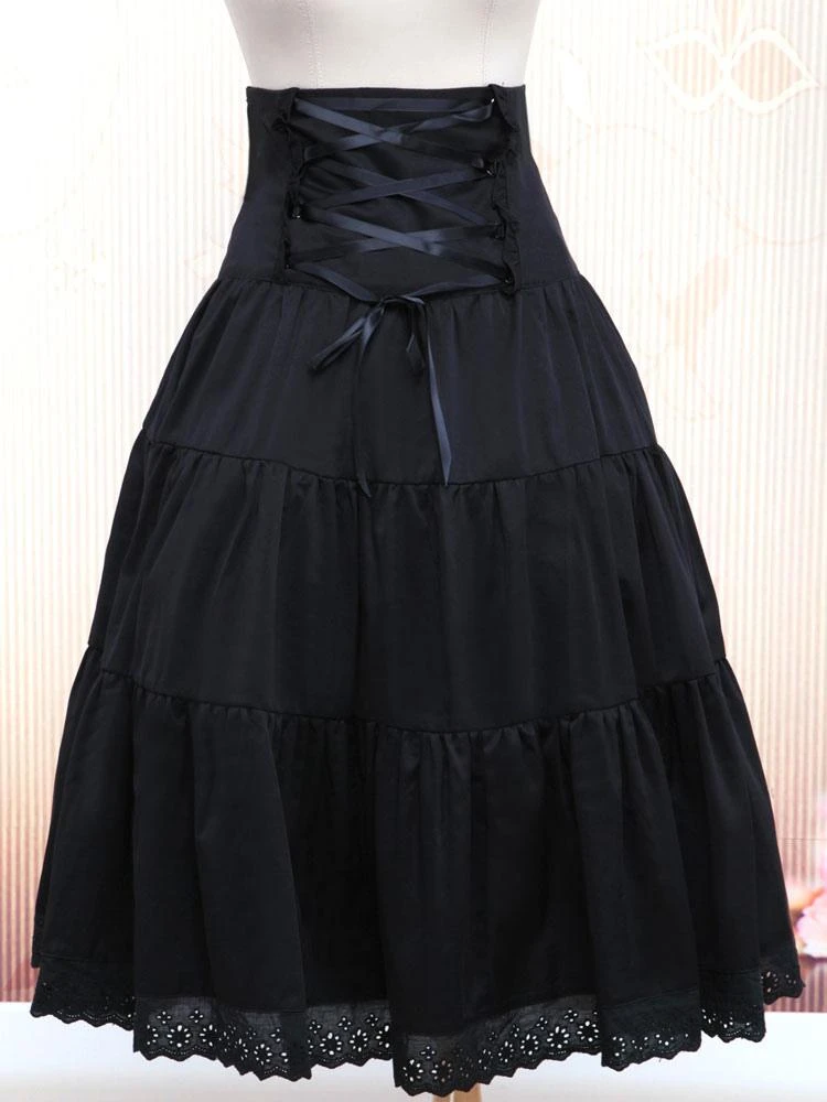 Lolitashow Pure Black Cotton Loltia Long Skirt High Waist Ruffles Trim - Image 2