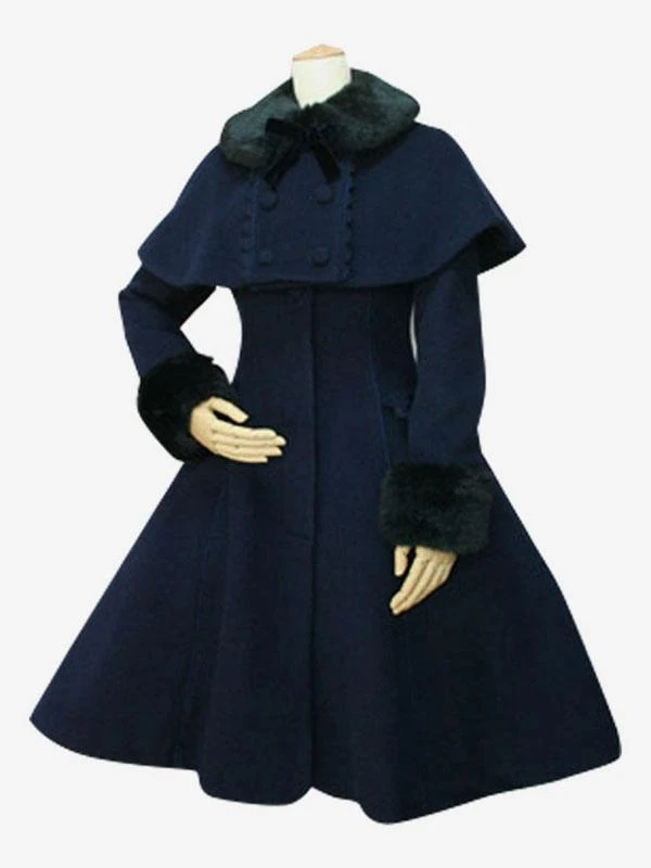 Lolitashow Sweet Lolita Coat Black Wool Turndown Collar Long Sleeve Slim Fit Detachable Lolita Cape Coat - Image 2