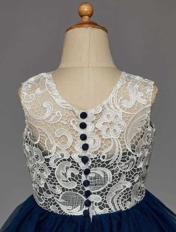 Dark Navy Flower Girl Dress With Buttons Lace Tulle - Image 4