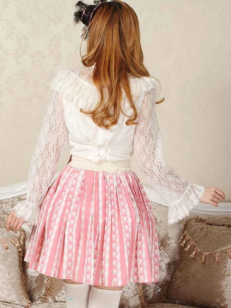 Sweet Lolita SK Print Bow Pleated Pink Lolita Skirt - Image 4