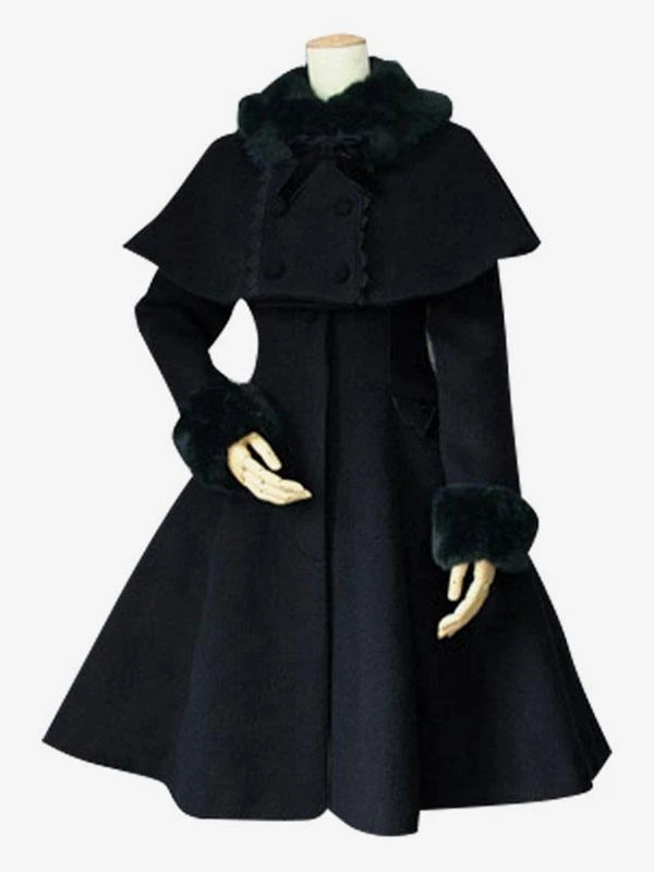 Lolitashow Sweet Lolita Coat Black Wool Turndown Collar Long Sleeve Slim Fit Detachable Lolita Cape Coat - Image 5