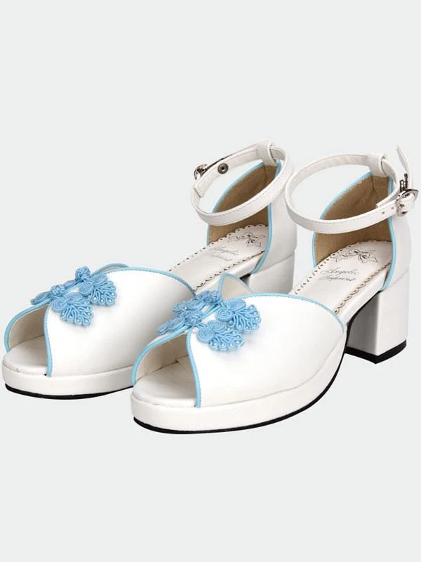 Lolitashow White Qi Lolita Sandals Chunky Pony Heels Blue Chinese Style Buttons