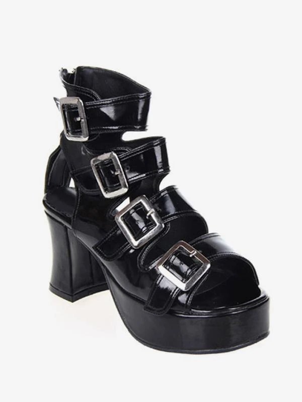 Fantastic Buckles PU Leather Black Lolita Sandals - Image 2