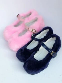 Lolitashow Sweet Lolita Shoes Platform Plush Strap Chunky Heels For Lolita