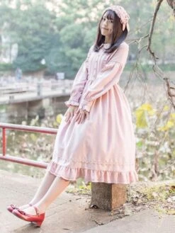 Sweet Lolita Dress OP Turndown Collar Ruffles Mid Calf One Piece Lolita Dress