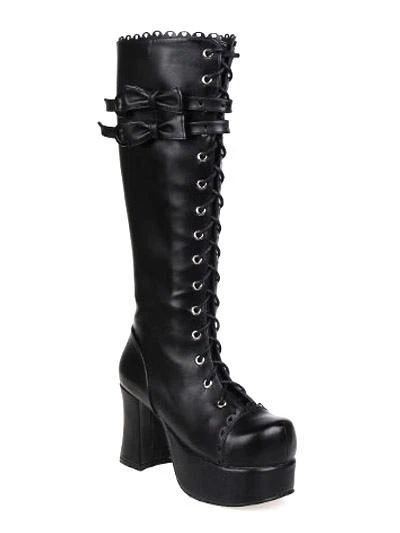 Lolitashow Gothic Black Lolita Chunky Heels Boots Platform Shoelace Bows - Image 2