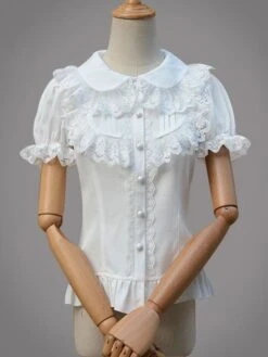 Sweet Lolita Top Chiffon Lace Ruffles Frill Trim White Lolita Blouse