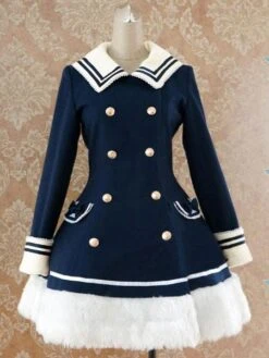 Lolitashow Navy Blue Waist-controlled Sailor Style Lolita Coat