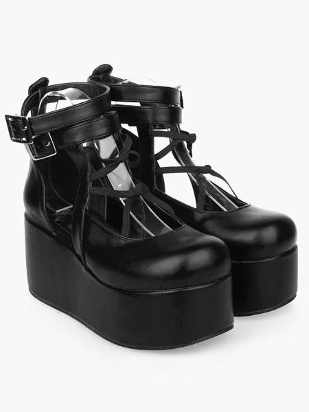 Lolitashow Black Lolita High Platform Shoes Ankle Straps PU Leather - Image 2