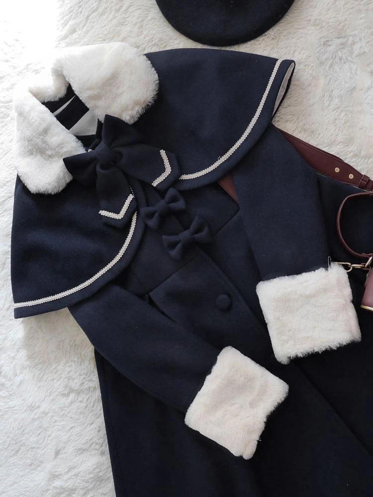 Sweet Lolita Overcoat Bow Pleated Wool Lolita Winter Coat With Cape - Image 6