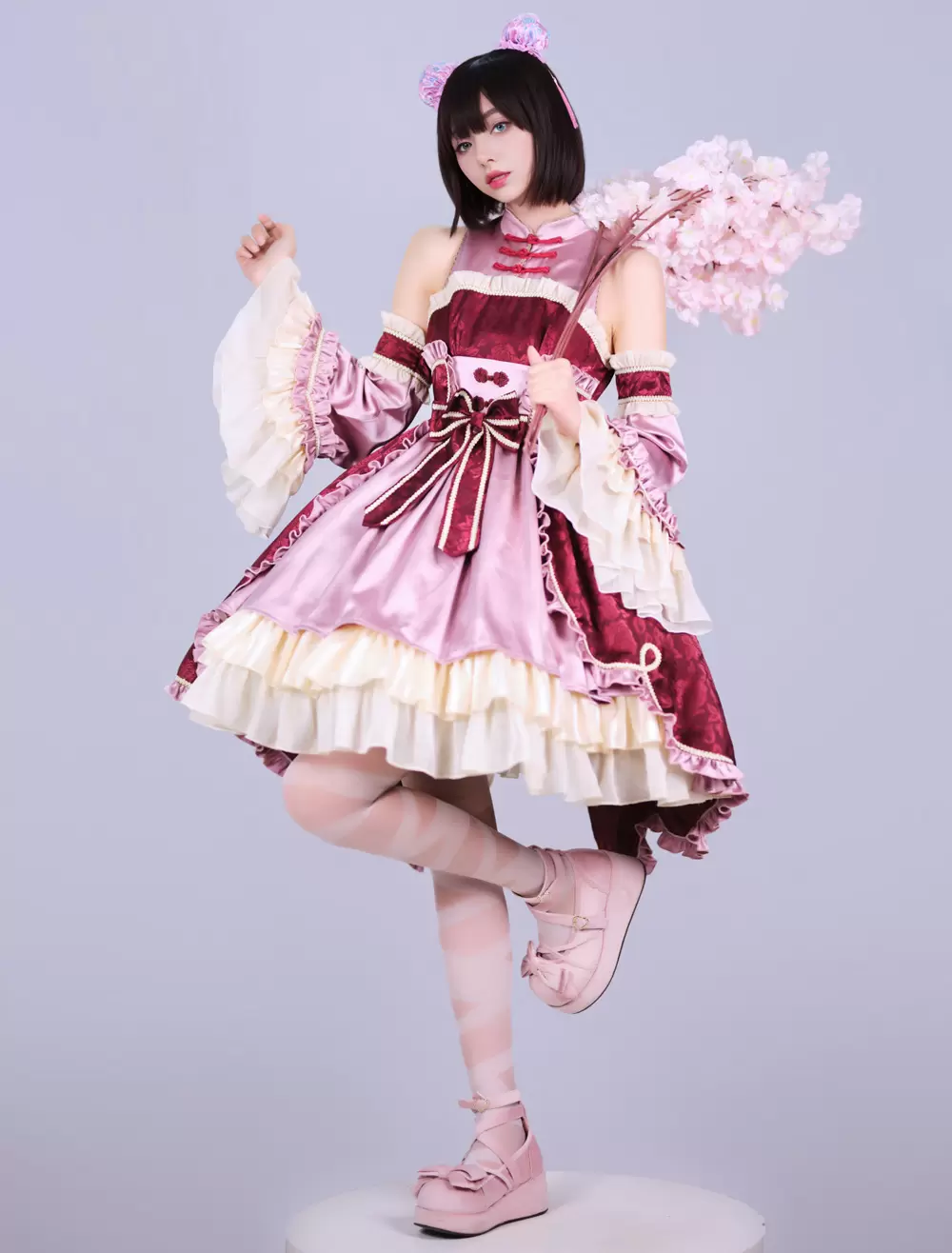 Lolitashow Exclusive Chinese Style Lolita Dress Bows Sleeveless Chiffon Floral Print Burgundy Tea Party Dress - Image 4