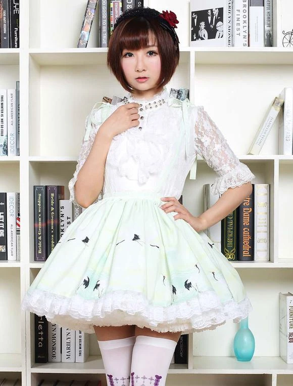 Lolitashow Sweet Lolita Dress In Light Green Printed Qi Lolita Suspender Skirt With White Lace Trim - Image 3