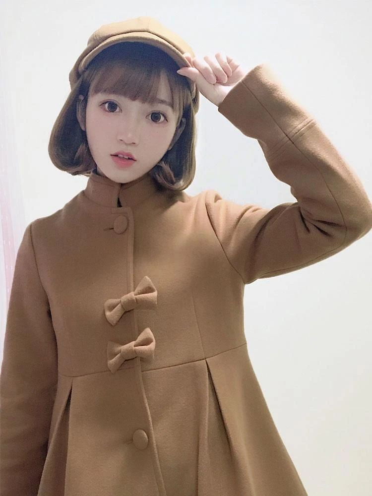 Sweet Lolita Overcoat Bow Pleated Wool Lolita Winter Coat With Cape - Image 3