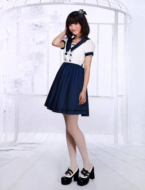 Lolitashow White Navy Blue Lolita One-piece Dress Sailor Style Short Sleevs - Image 5