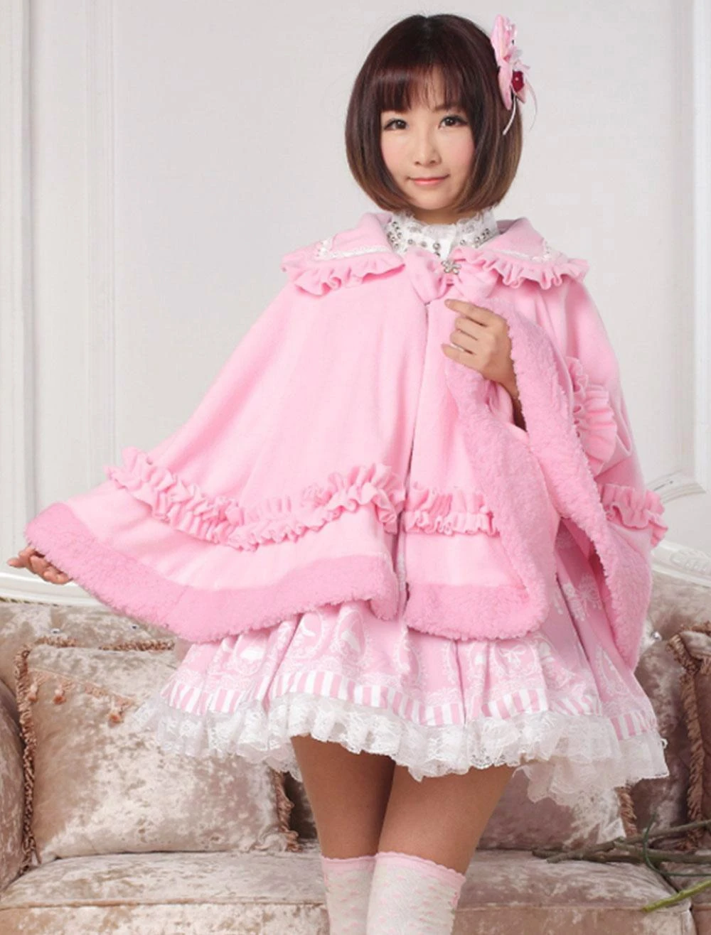 Lolitashow Sweet Lolita Clothing Pink Bow Ruffled Milanoo Lolita Cloak With Peter Pan Collar - Image 3