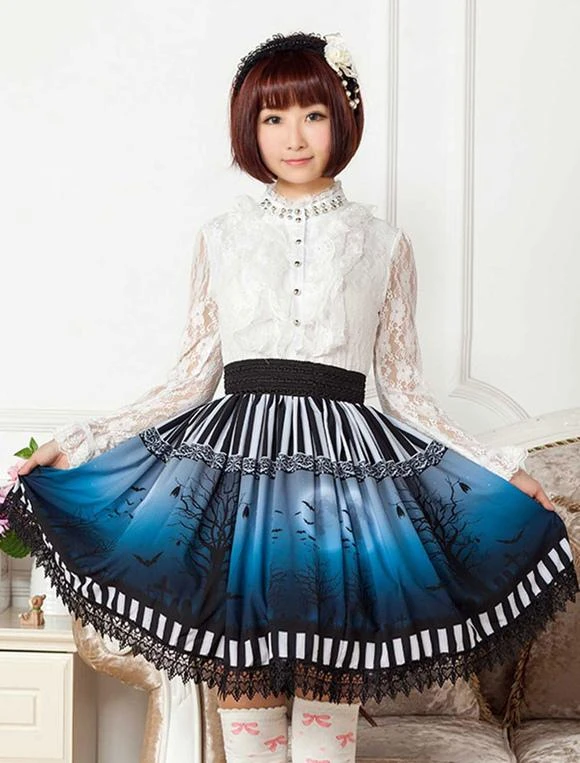 Lolitashow Sweet Lolita Skirt The Bat Under The Blue And White Moon Night SK Lolita Skirt