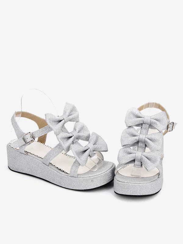 Sweet Lolita Shoes Open Toe Wedge Heel PU Bows Flat White Lolita Sandals - Image 6