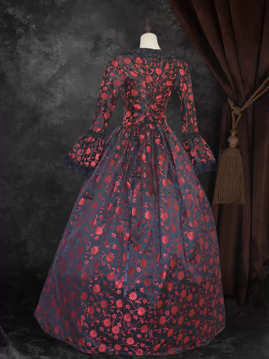 Black Gold Retro Costumes Women's Marie Antoinette Costume Floral Print Lace Up Satin Fabric Set Choker Gothic 18th Century Costume - Image 4