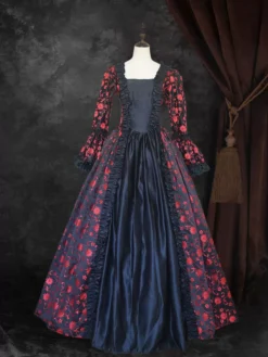 Black Gold Retro Costumes Women's Marie Antoinette Costume Floral Print Lace Up Satin Fabric Set Choker Gothic 18th Century Costume