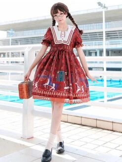 Sweet Lolita OP Dress Royal Trojan Bow Print Chiffon Burgundy Lolita One Piece Dress
