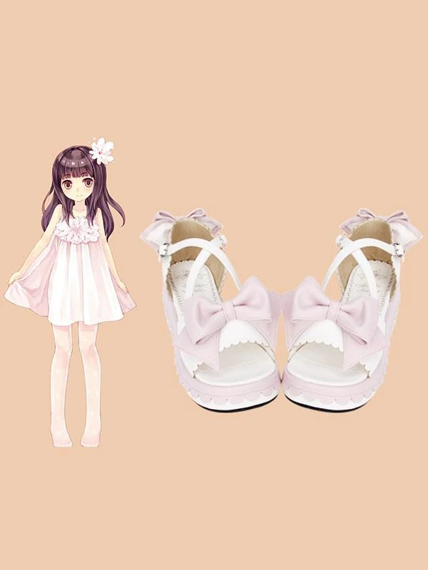 Lolitashow Sweet White Lolita Sandals Platform Pink Bows Ankle Straps Bows - Image 2