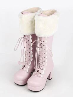 Lolitashow Sweet Lolita Boots Pink Faux Fur Lace Up Chunky Heel Boots