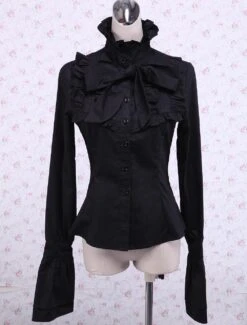 Lolitashow Attractive Black Bow Long Sleeves Cotton Lolita Blouse