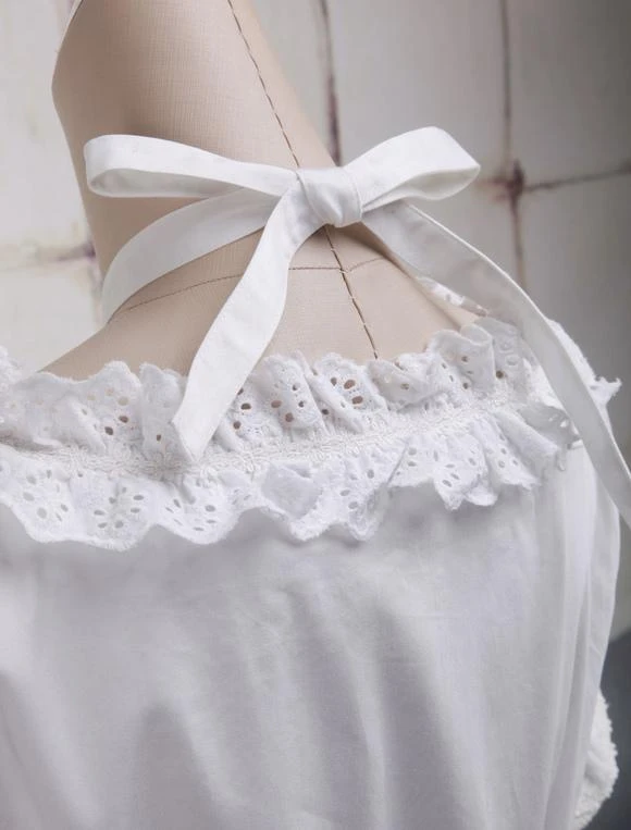 Lolitashow White Cotton Lolita Blouse Short Sleeves Neck Straps Lace Trim Ruffles - Image 8
