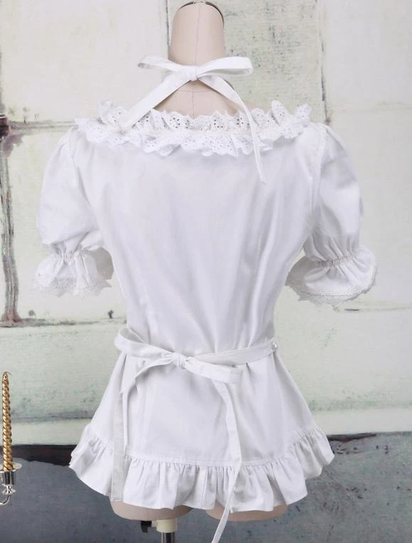 Lolitashow White Cotton Lolita Blouse Short Sleeves Neck Straps Lace Trim Ruffles - Image 7