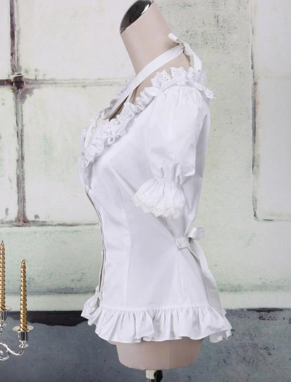 Lolitashow White Cotton Lolita Blouse Short Sleeves Neck Straps Lace Trim Ruffles - Image 6