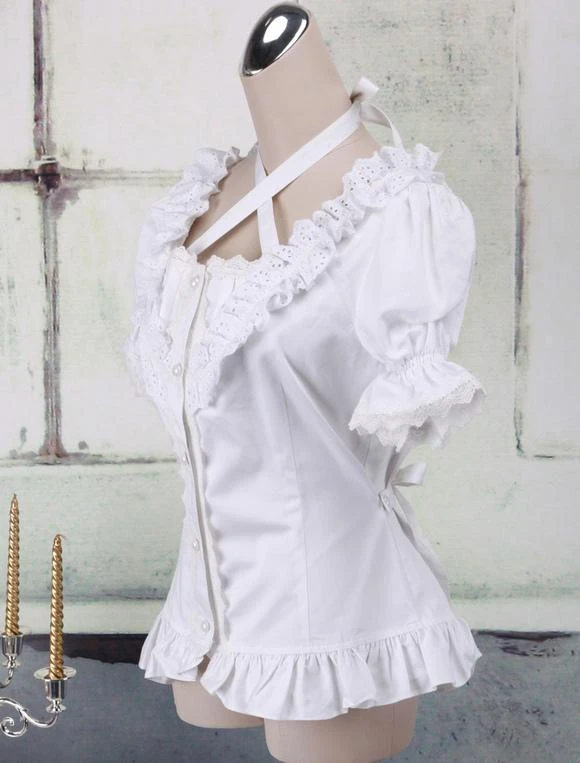 Lolitashow White Cotton Lolita Blouse Short Sleeves Neck Straps Lace Trim Ruffles - Image 5