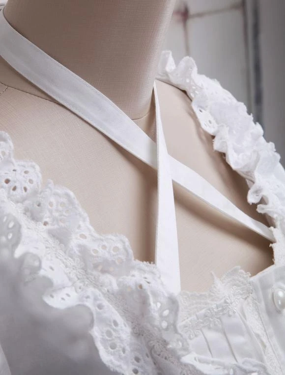 Lolitashow White Cotton Lolita Blouse Short Sleeves Neck Straps Lace Trim Ruffles - Image 4