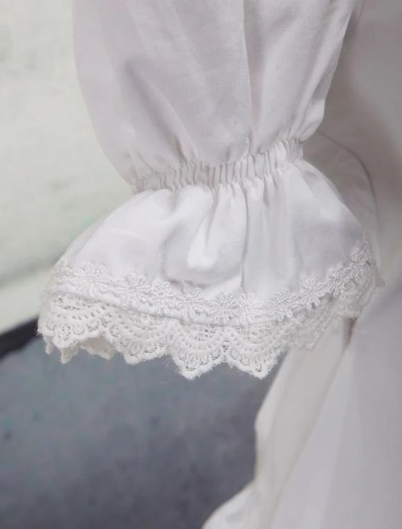 Lolitashow White Cotton Lolita Blouse Short Sleeves Neck Straps Lace Trim Ruffles - Image 3