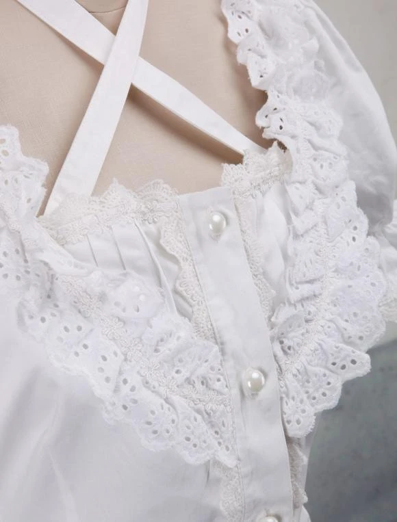 Lolitashow White Cotton Lolita Blouse Short Sleeves Neck Straps Lace Trim Ruffles - Image 2