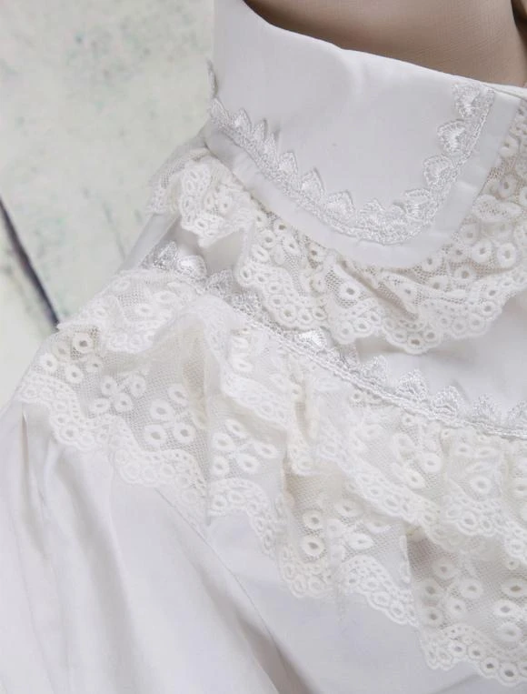 Lolitashow White Cotton Lolita Blouse Long Sleeves Lace Trim Turn-down Collar Ruffles - Image 9