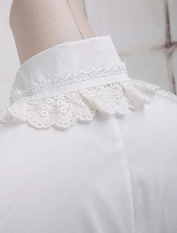 Lolitashow White Cotton Lolita Blouse Long Sleeves Lace Trim Turn-down Collar Ruffles - Image 8