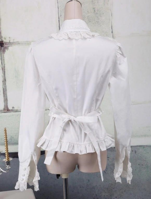 Lolitashow White Cotton Lolita Blouse Long Sleeves Lace Trim Turn-down Collar Ruffles - Image 7