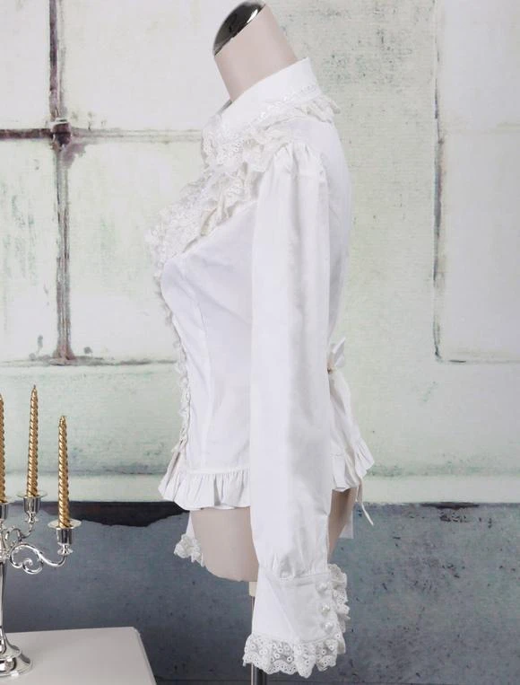 Lolitashow White Cotton Lolita Blouse Long Sleeves Lace Trim Turn-down Collar Ruffles - Image 6
