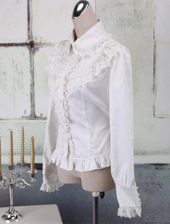Lolitashow White Cotton Lolita Blouse Long Sleeves Lace Trim Turn-down Collar Ruffles - Image 5
