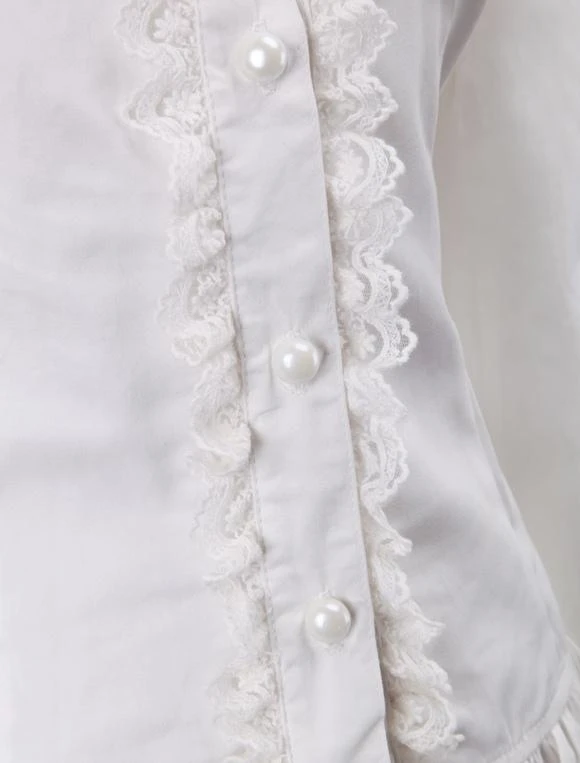 Lolitashow White Cotton Lolita Blouse Long Sleeves Lace Trim Turn-down Collar Ruffles - Image 3
