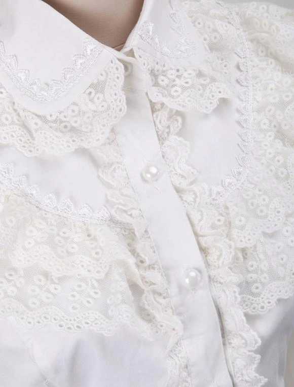 Lolitashow White Cotton Lolita Blouse Long Sleeves Lace Trim Turn-down Collar Ruffles - Image 2